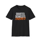 Black t-shirt with red and white text on a white background