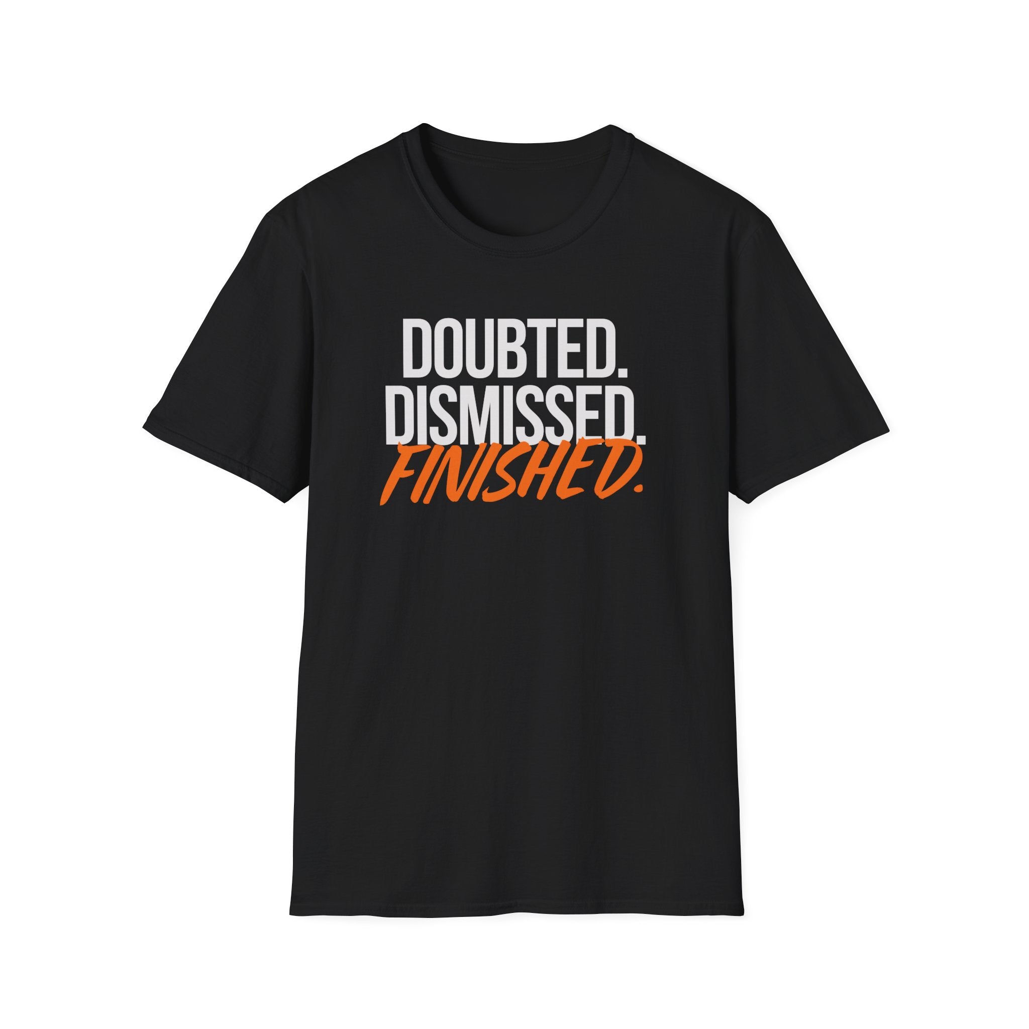 Black t-shirt with red and white text on a white background