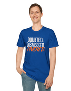 Person wearing a blue t-shirt with motivational text on a white background