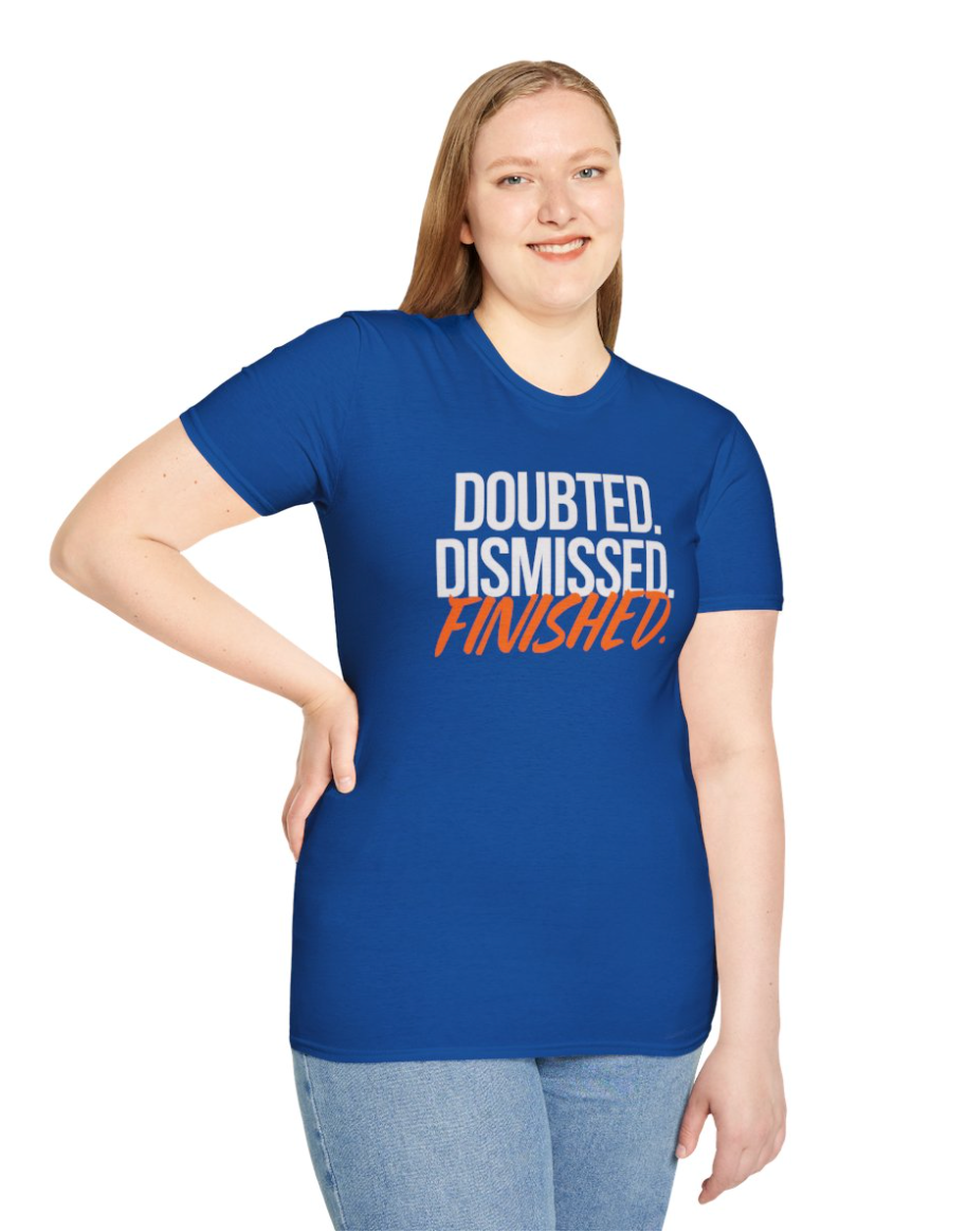 Woman wearing a blue t-shirt with motivational text on a white background